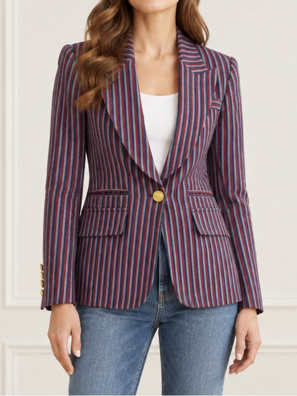 Smythe Patch Pocket Peaked Lapel Blazer Size 8 Burgundy Stripe Linen Gold Button